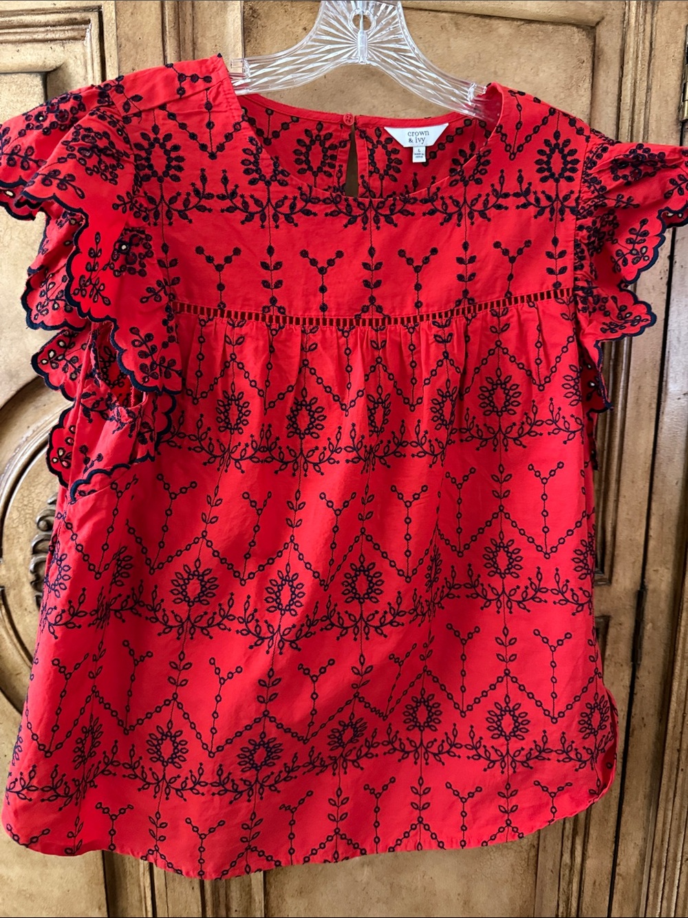 crown & ivy Red Blouse with Black Floral Embroidery